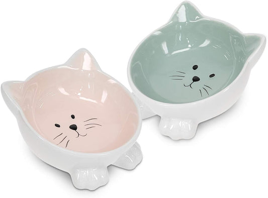 2 x Cat Shaped Ceramic Bowls with Non-Slip Silicone Feet - Twin Pack in Rose & Green for Food and Water