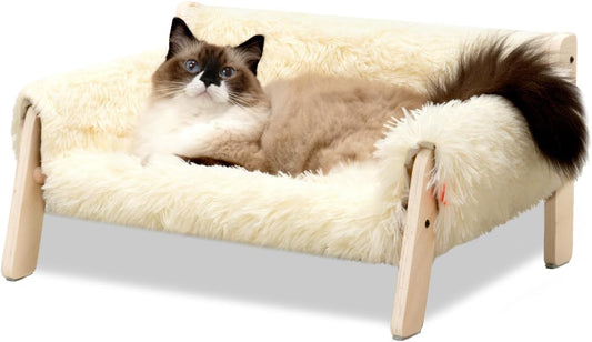 MEWOOFUN Large Raised Cat Bed with Wooden Legs, Removable Cover