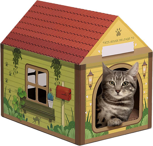 Customizable Cardboard Cat House with Scratcher & Catnip - Arched Door Playhouse