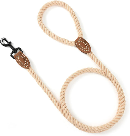 Braided Cotton Rope Leash with Leather Tailor Handle and Heavy Duty Metal Sturdy