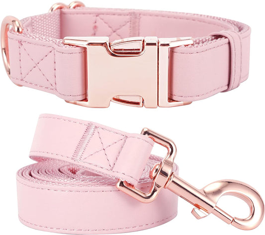 Pink Vegan Leather Dog Collar & Leash Set with Rose Gold Buckle