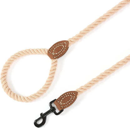 Braided Cotton Rope Leash with Leather Tailor Handle and Heavy Duty Metal Sturdy