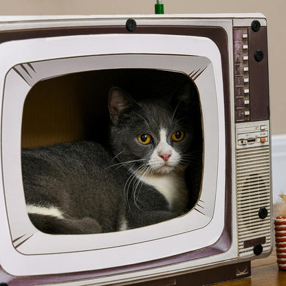 TV-Shaped Cardboard Cat House with Scratcher, Catnip, and Toy Mouse - Perfect Indoor Playhouse for Cats