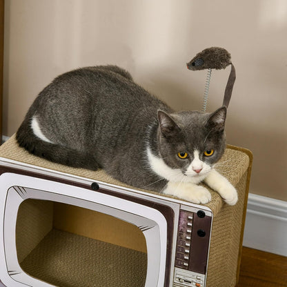 TV-Shaped Cardboard Cat House with Scratcher, Catnip, and Toy Mouse - Perfect Indoor Playhouse for Cats