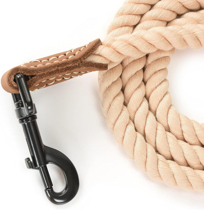 Braided Cotton Rope Leash with Leather Tailor Handle and Heavy Duty Metal Sturdy