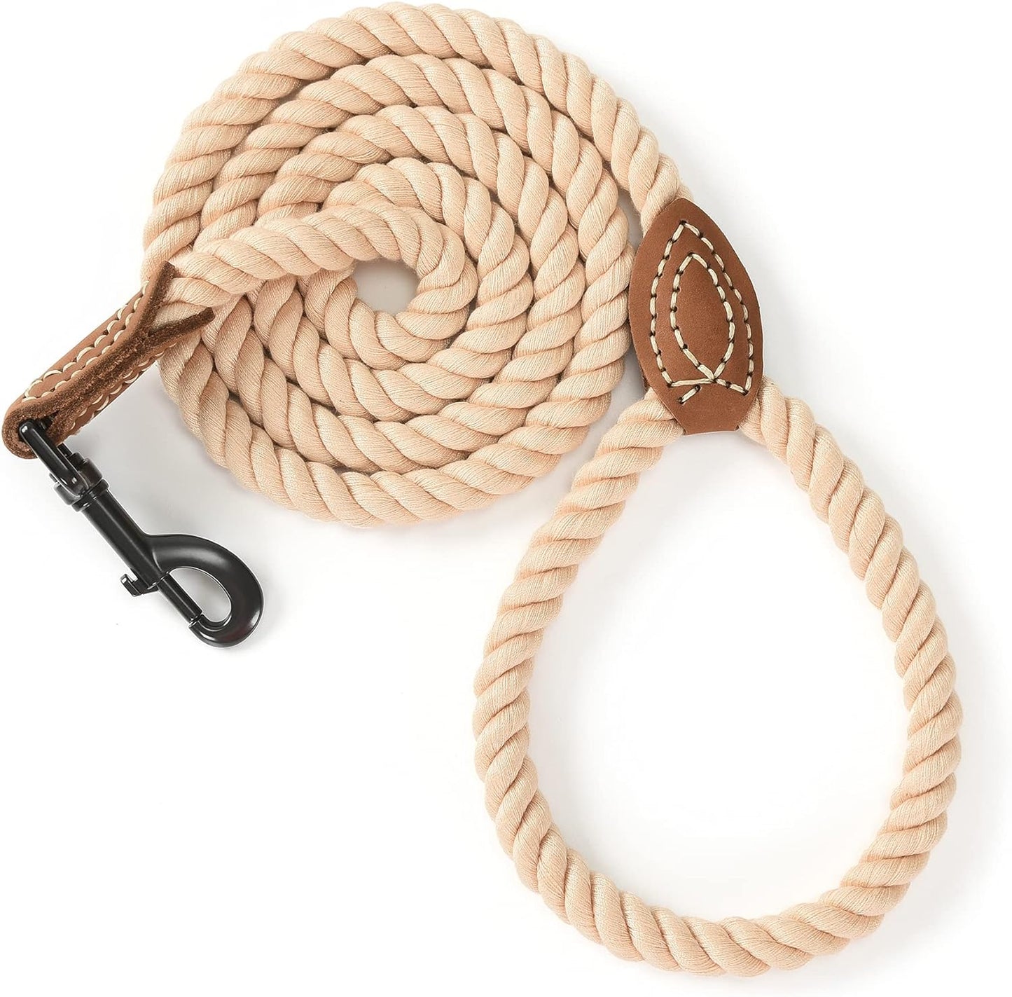 Braided Cotton Rope Leash with Leather Tailor Handle and Heavy Duty Metal Sturdy